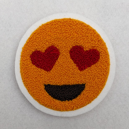 Emoji Chenille Patch -Heart Eyes- Traditional Moss Stitch on Felt Backing