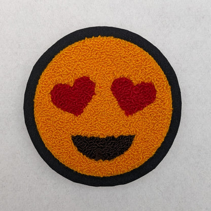 Emoji Chenille Patch -Heart Eyes- Traditional Moss Stitch on Felt Backing