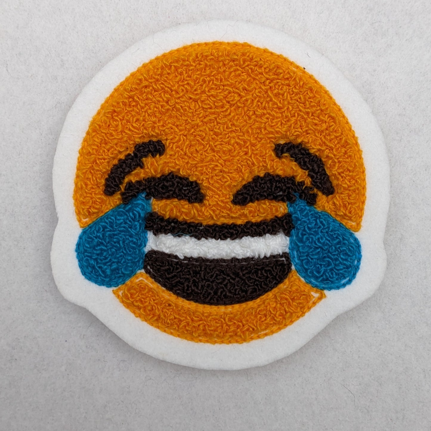 Emoji Chenille Patch -Tears of Joy - Traditional Moss Stitch on Felt Backing
