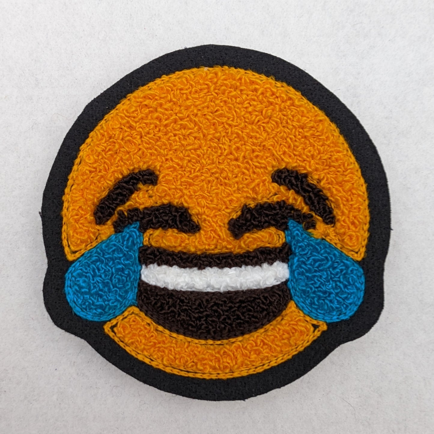 Emoji Chenille Patch -Tears of Joy - Traditional Moss Stitch on Felt Backing