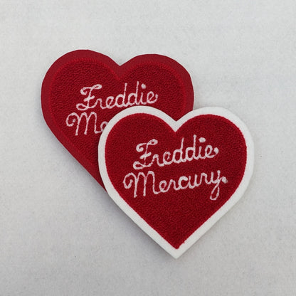 Freddie Mercury chenille patch. Moss stitch on scrim felt heart.