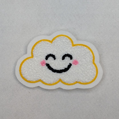 Cute fuzy chenille patch of a happy cloud. Kawaii style patch.