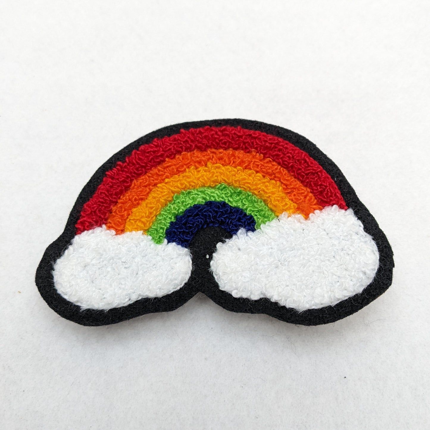 Small Rainbow And Clouds Chenille Patch - Moss Stitch on Felt Backing