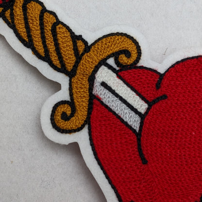 Vintage Style Chainstitch Dagger Through Heart Patch - Sew On