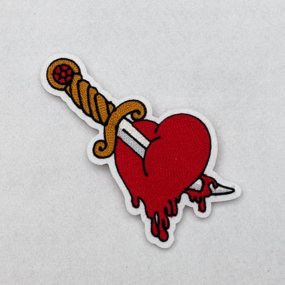 Vintage Style Chainstitch Dagger Through Heart Patch - Sew On